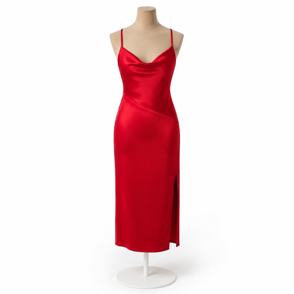 Satin Cowl Neck Slip Dress Size M Red Adjustable Straps Nightgown 90s Minimalist